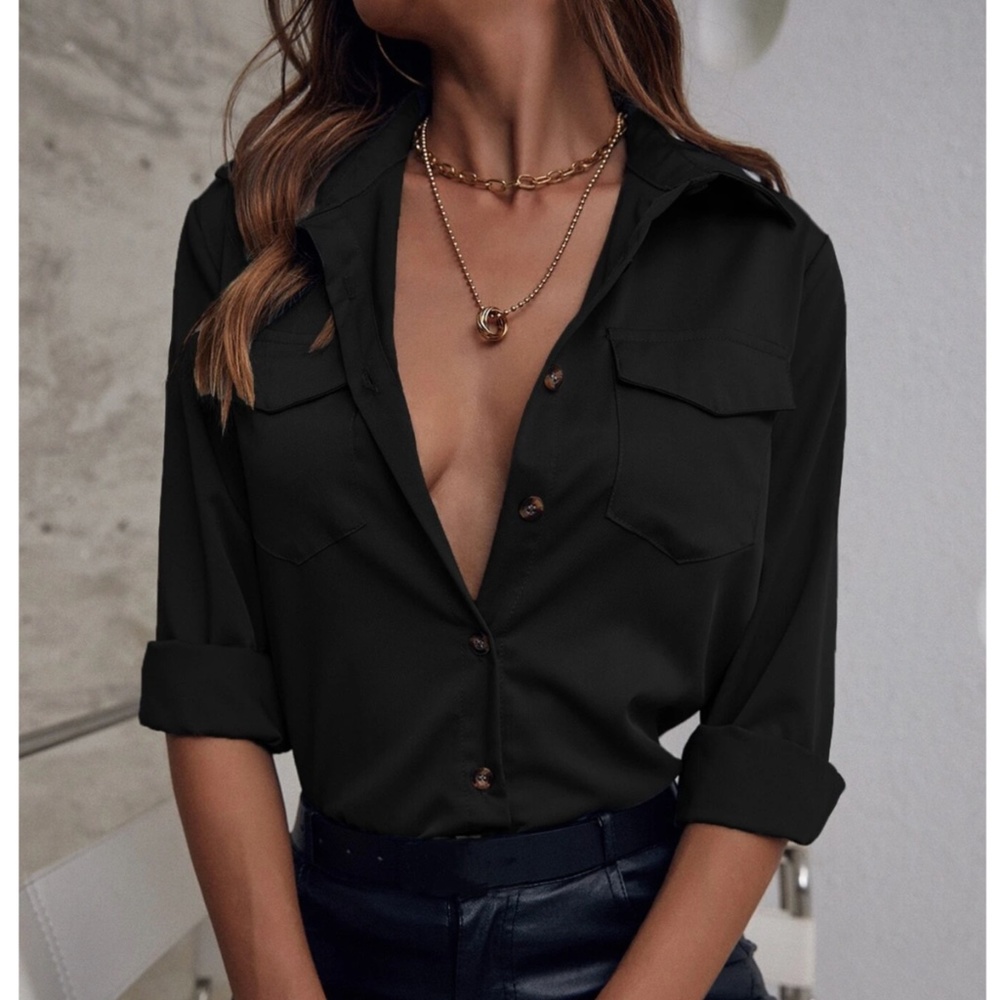 Black Casual Button Up / Down Shirt Collar, V-Neck Button Front Long Sleeve